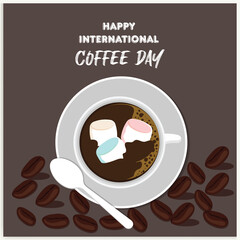 Cup of coffee with coffee beans decoration and sprinkle forming world map, banner, poster, greeting card vector