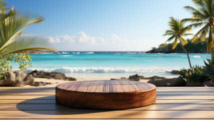 Wooden podium with copy space for product display presentation on palm beach and blue sky background. Tropical summer and vacation concept. Graphic art design.