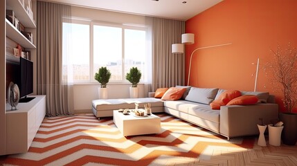 The sofa is light grey with an orange wall background, the living room is orange, and the entrance is Avangard white. Design of brown parquet and carpet in a contemporary home