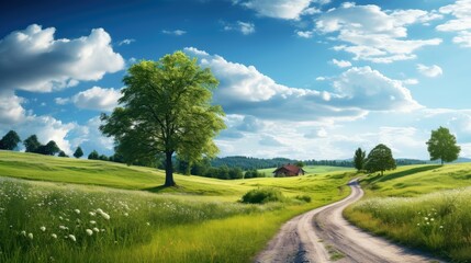 Obraz premium Mountain road. Landscape with rocks, sunny sky with clouds and beautiful asphalt road in the evening in summer. Highway in mountains, Generative AI illustration