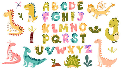 Dino collection with alphabet. Various dinosaur characters. Funny comic font in simple hand drawn cartoon style. Vector illustrations for kids.