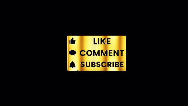 Loop of Like Comment Subscribe text with golden shine nameplate animation abstract background.  Isolated transparent with alpha channel Quicktime prores 444 on black abstract background.