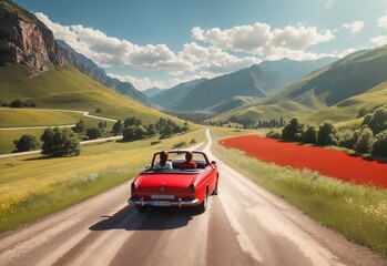 Two girls in a red car with their hands up driving through a valley in summer