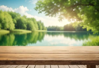 Foto op Plexiglas The empty wooden table top with blur summer lakes green forest background © Alief Shop