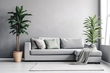 There is a green plant on a Scandinavian cabinet with a drawer and a nice couch with cushions in a gray simple living room with space for a coffee table. true image