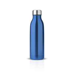 Vector Realistic 3d Blue Empty Glossy Metal Reusable Water Bottle with Silver Bung Closeup Isolated. Design template of Packaging Mockup with Reflection. Front View