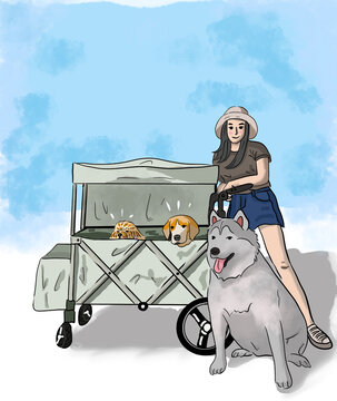 joyful Urban Stroll,Woman, and Her Beagle, Poodle, and Siberian Husky,in the cart, Painted in Colorful Artwork, on White Background, with Sky and Clouds,copy space.