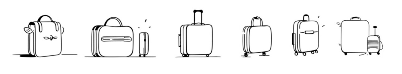 Continuous line luggage collection. Collection of travel bags. A set of suitcases and bags. Black and white vector illustration.