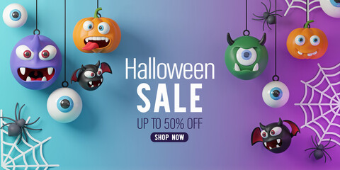 3d Rendering. Halloween Sale Promotion Poster template with Pumpkins, devils, hanging with rope and spiders, bats, on a purple blue background.