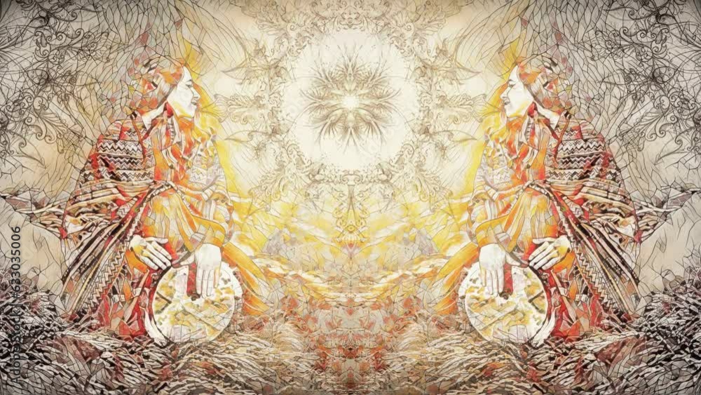 Poster detail shamanic girl playing on drum in the nature.. painting effect. loop animation.