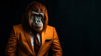 Orang-Utans als Geschäftsmann im Anzug mit Krawatte im dunklen Licht, ai generativ