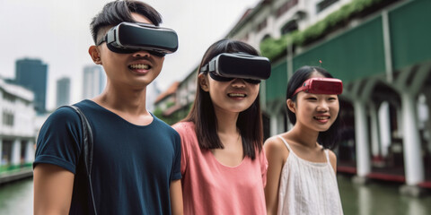Asian friends spending outdoor time with virtual reality - Generative AI