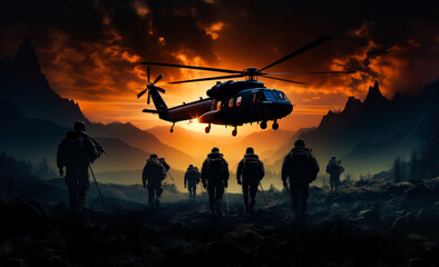 Fototapeta na wymiar Military troop with heavy backpacks heading to the helicopter. Aircraft landing in the mountains at sunset.