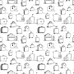 Obraz premium Black and white background with suitcases in continuous line drawing style. Luggage collection seamless pattern. Vector illustration.
