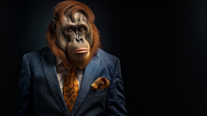 Orang-Utans als Geschäftsmann im Anzug mit Krawatte im dunklen Licht, ai generativ