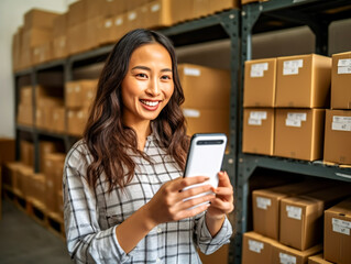 Female small business owner using mobile app checking parcel box. Older entrepreneur seller holding cell phone tech device preparing retail package postal shipping order in warehouse.