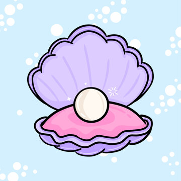 Open clam with pearl. Exotic shell with precious gem. Ocean souvenir, scallop shell, oyster. Precious pearl. Seabed.