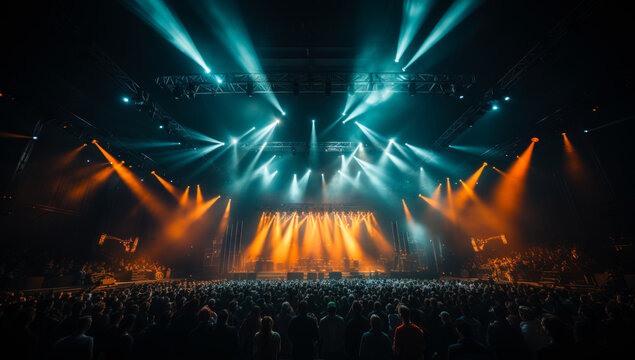 People Watching The Concert On The Stage. Audience Facing The Stage Lit With Yellow Light.