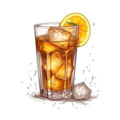 Glass of ice tea with slice of lemon. Watercolor hand drawn illustration isolated on white background.