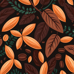 Whole Cocoa Grain with Leaves: Modern Vector Style Pattern"