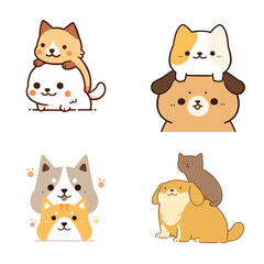 Fototapeta premium Cute Cat and Dog in Yellow and Orange: Minimalist Organic Line Art Hand-Drawn