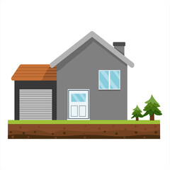 Vector illustration of a cozy house and garage with a clean yard