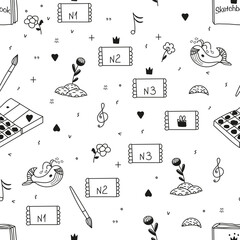 seamless school pattern with different doodle elements: sketchbook, paints, flowers, notes, numbers. Vector illustration
