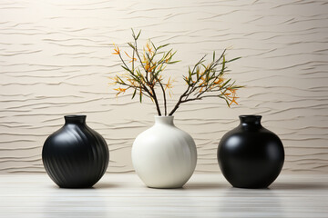 Ebony vases on sleek marble, striking contrast against white wall backdrop Generative AI