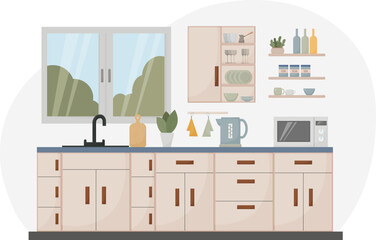 modern kitchen interior, flat style, furniture, dishes, appliances, towel, sink, window, microwave, wine glasses, mug, kettle, vector illustration