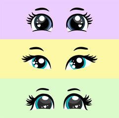 Kawaii manga style female cute eyes set. Drawing doll eyes, eyes for mascot. Beautiful eyes with female eyelashes.