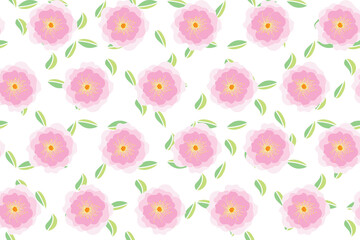 Illustration of pink rose flower with leaves on white background