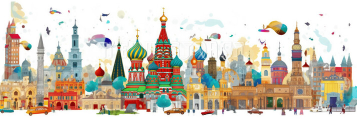 Obraz premium Moscow city panorama, urban landscape with modern buildings. Business travel and travelling of landmarks. Illustration, web background. Skyscraper silhouette. Russia - Generative AI