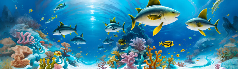Obraz na płótnie Canvas Ocean Underwater with Fish - Generative Ai, üretken yapay zeka