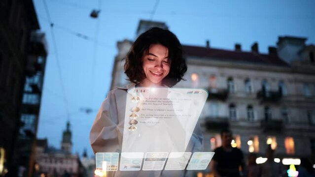 Beautiful Smiling Woman Using Phone on a City Street at Night. Visualization of Social Media, Chatting, Texting, Messaging App Icons Flying Around the Phone. Social Networking Service