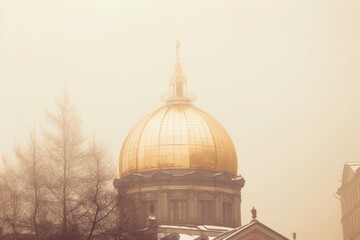 The golden dome of an Orthodox temple against a hazy sky background. Temple dome with a golden cross - obrazy, fototapety, plakaty
