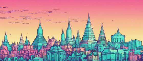 Obraz premium Myanmar Famous Landmarks Skyline Silhouette Style, Colorful, Cityscape, Travel and Tourist Attraction - Generative AI