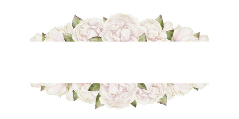 Frame design with watercolor white and pink roses composition. Botanical flower illustration for postcards, greetings, invitations, banners with white empty space for your text.