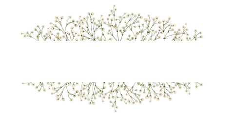 Frame design with watercolor white gypsophila flowers. Botanical flower illustration for postcards, greetings, invitations, banners with white empty space for your text.