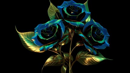 three blue roses with green leaves on a black backgroud.Generative AI