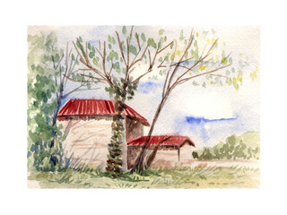 watercolor illustration landscape scenery with house
