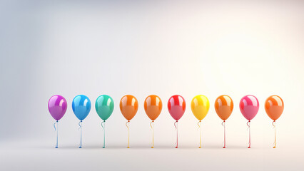 Viele bunte Luftballons in Reihe mit weißen Hintergrund und Textfreiraum, ai generativ