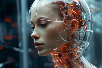 Futuristic portrait of half cyborg, half human woman in an advanced technology augmented protective suit.