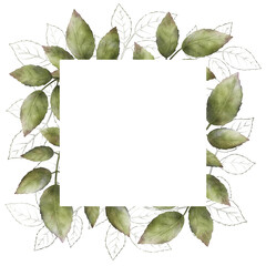 Naklejka premium Frame design with watercolor green leaves and ink-drawn leaves Botanical illustration. Square flower frame for postcards, greetings, invitations