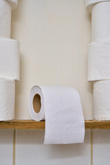 White toilet paper on a bathroom shelf.