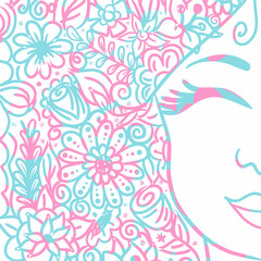 Hand drawn woman with flowers in her hair. floral feminine background