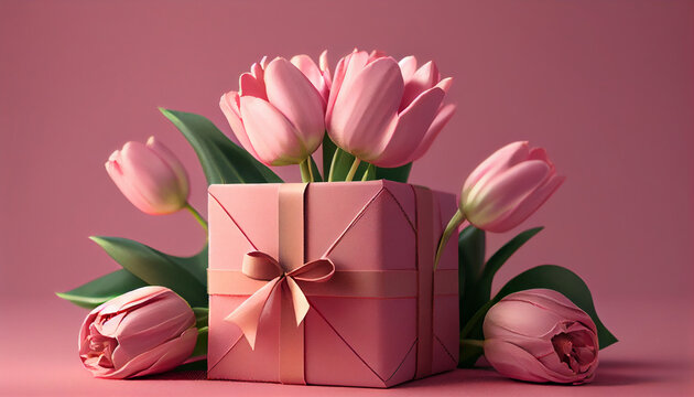 Bouquet of pink tulips and gift box on pink background, Ai generated image