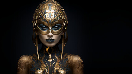 Model Frau Gesicht mit Bodypainting und asiatischen futuristischen goldenen Kopfschmuck, ai generativ