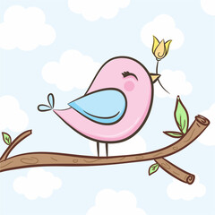 Cute little bird on branch of tree with green leaves.