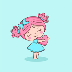 Cute girl holding heart logo banner hand drawn cartoon art illustration