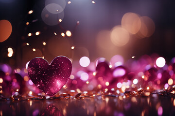 Magenta palette, pink red hearts, sparkling bokeh Valentines day panoramic Generative AI